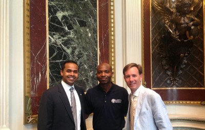Maker Ed's Jeremy Mitchell and the Director of AmeriCorps VISTA, D. Paul Monteiro (left) and the Deputy Chief of Staff for CNCS, John Kelly (right)